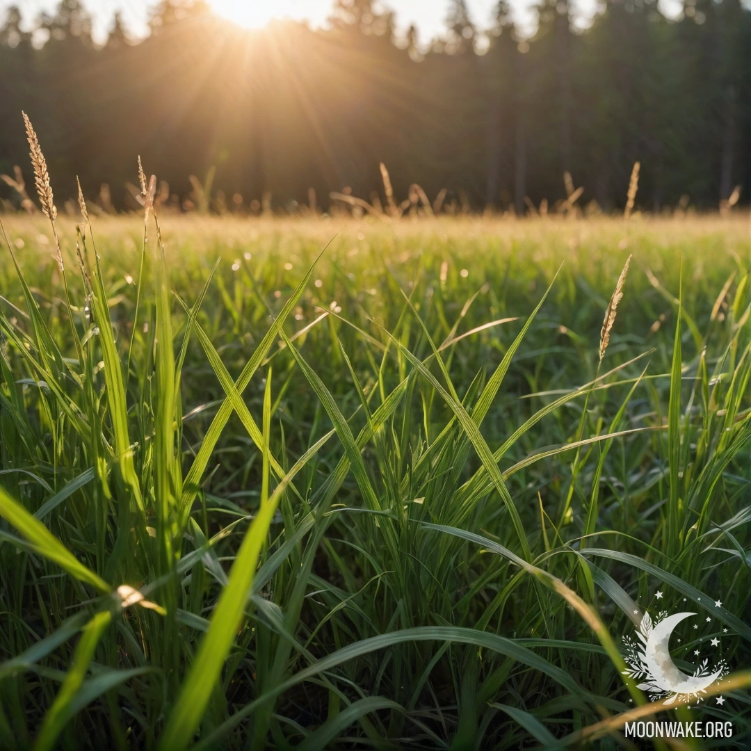 Close-up image of grass in a field with a soft bokeh background of a forest illuminated by sunset rays.