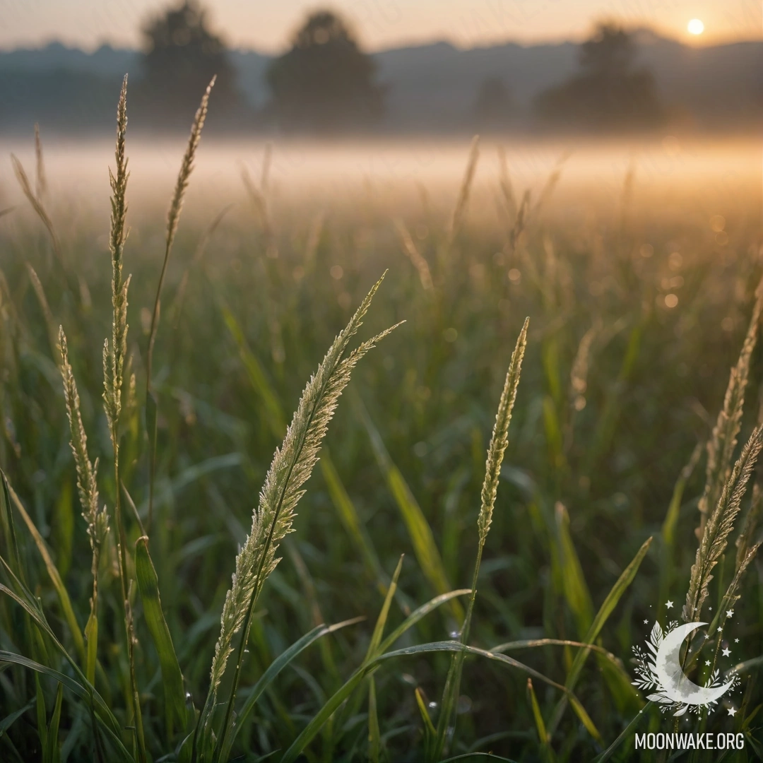 Close-up of grass in a cozy field with bokeh and fog during sunset.