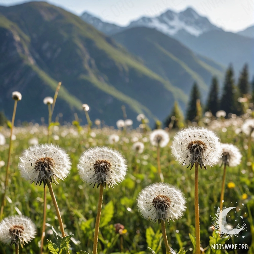 Close-up of dandelions in a sunny field, with blurred mountains in the background.