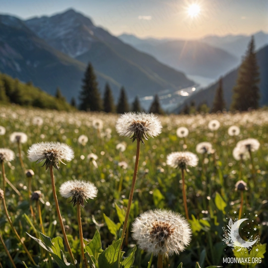Close-up of dandelions in a cozy field with blurred mountains behind.