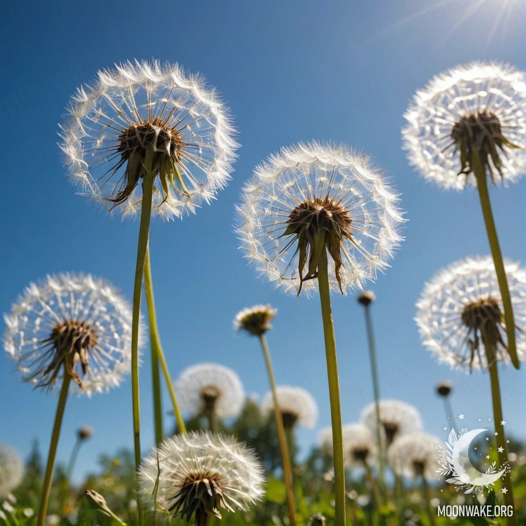 A close-up view of dandelions in a cozy field with a blurred sky.