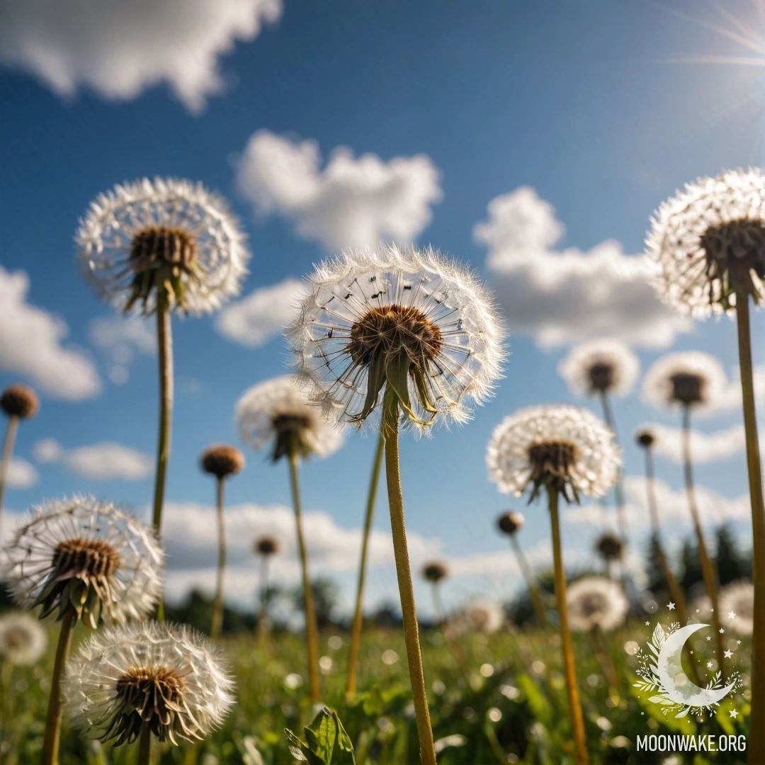 Cozy Dandelion Field Under Bokeh Sky Close-up of dandelions in a cozy field against a blurred sky with clouds and lens flares.