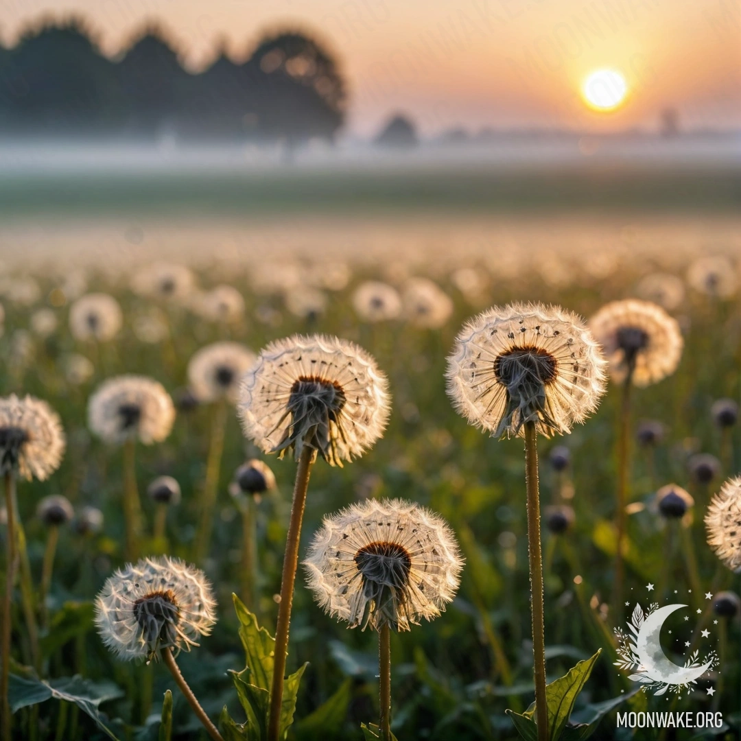 Close-up of dandelions in a cozy field with a bokeh background and fog at sunset.
