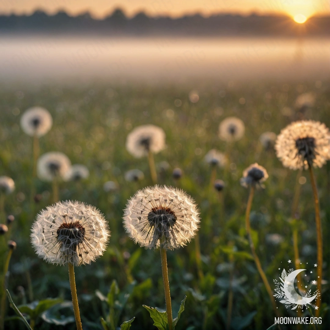 Close-up of dandelions in a foggy field during sunset, with bokeh background.