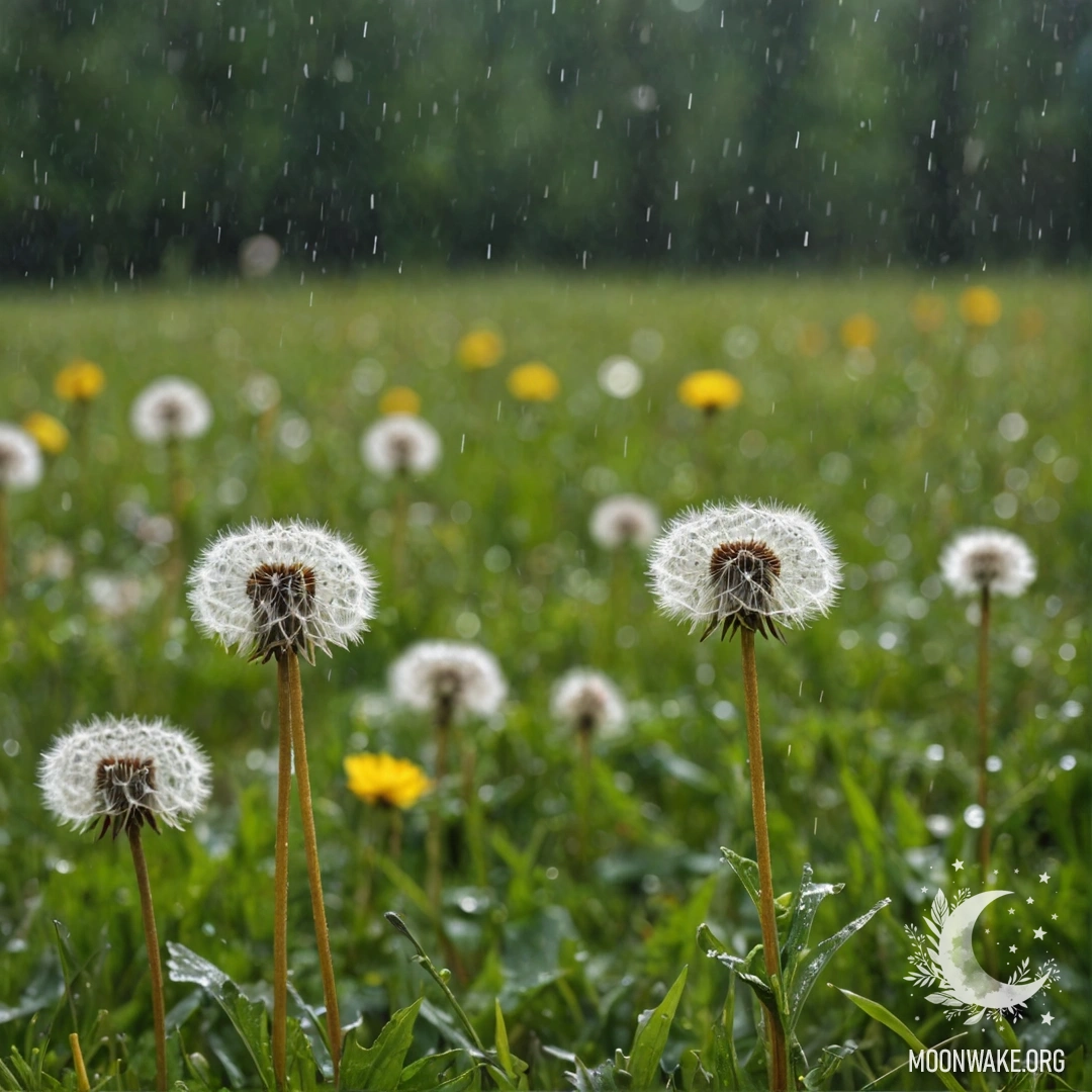 A close-up view of dandelions in a field, set against a blurred forest background with raindrops.