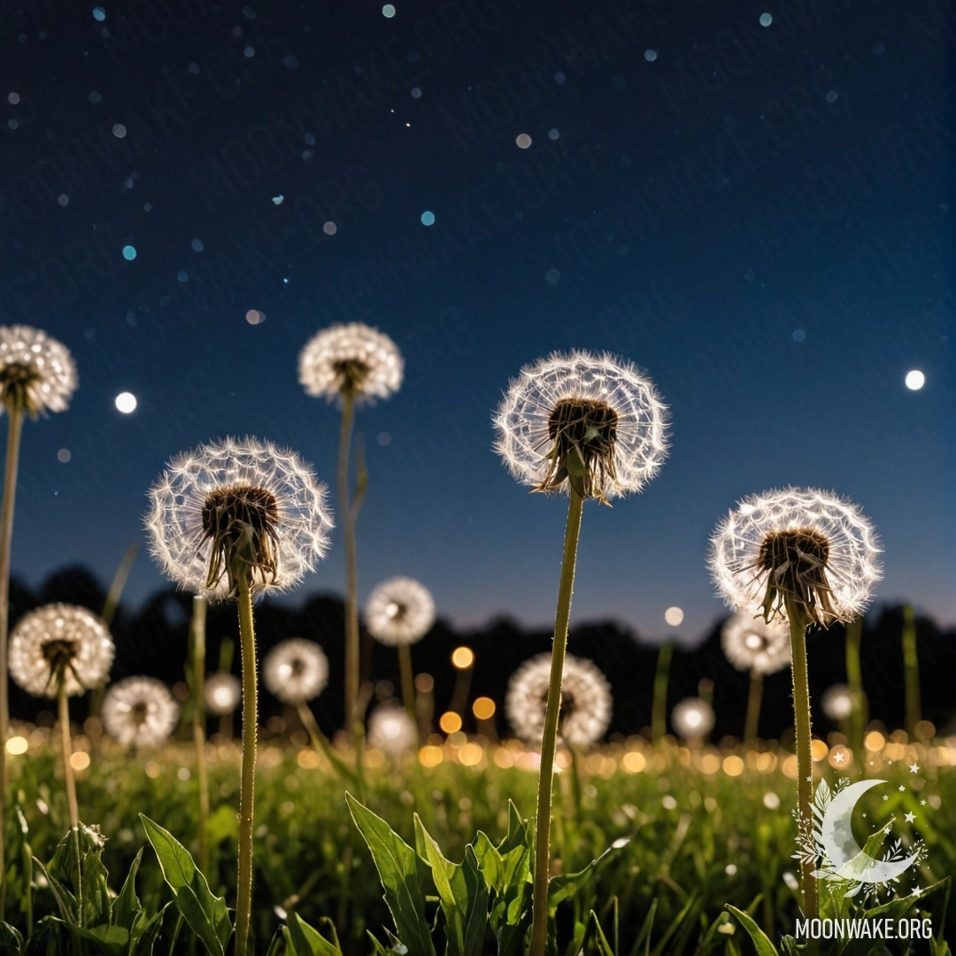 A close-up view of dandelions lit by a night sky with bokeh.