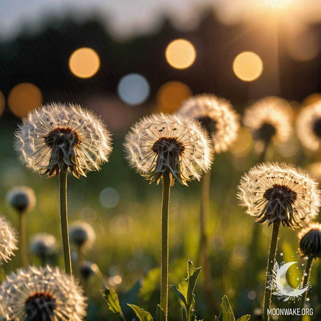 Close-up of dandelions in a field against a bokeh sunset background