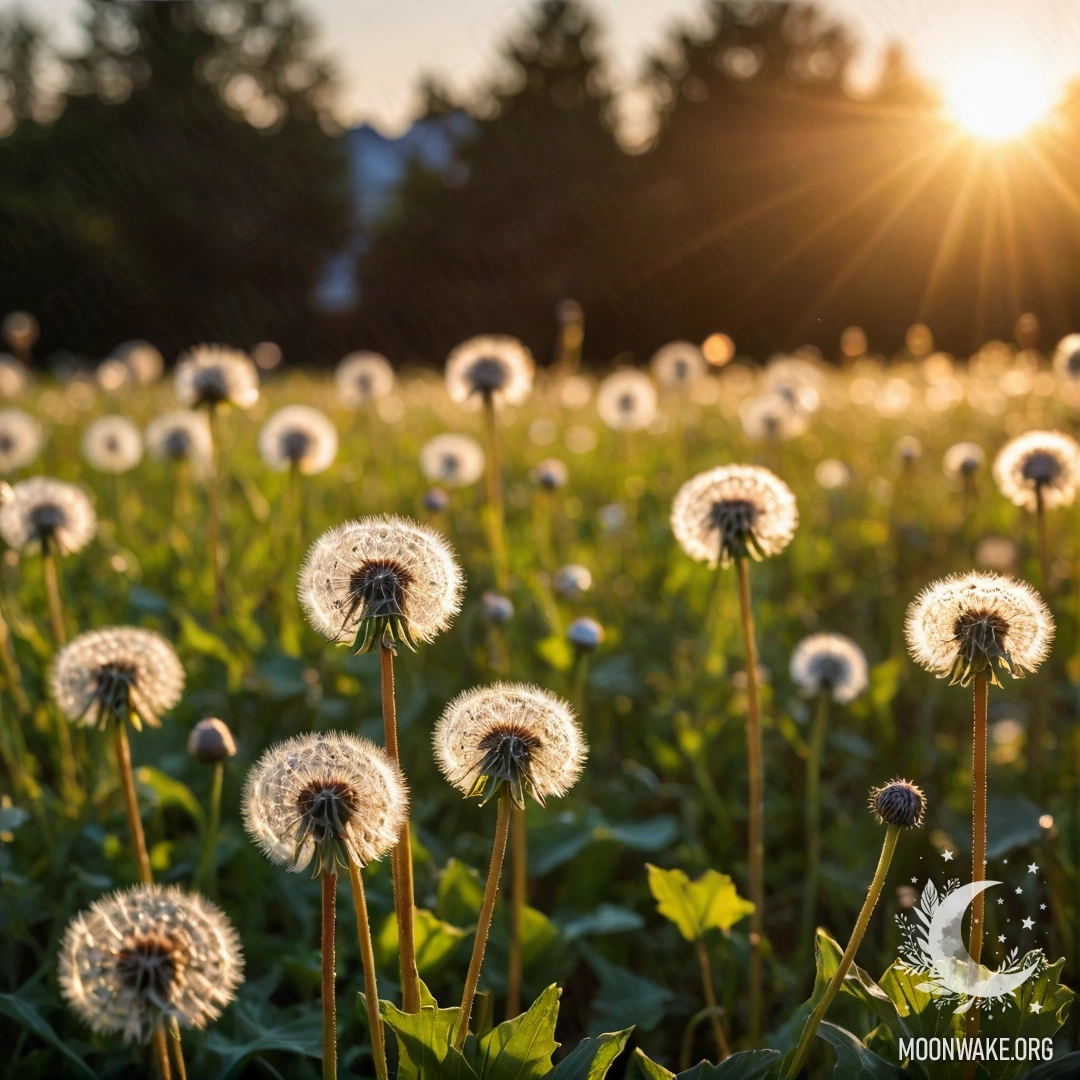 Close-up of dandelions in a cozy field against a bokeh sunset.