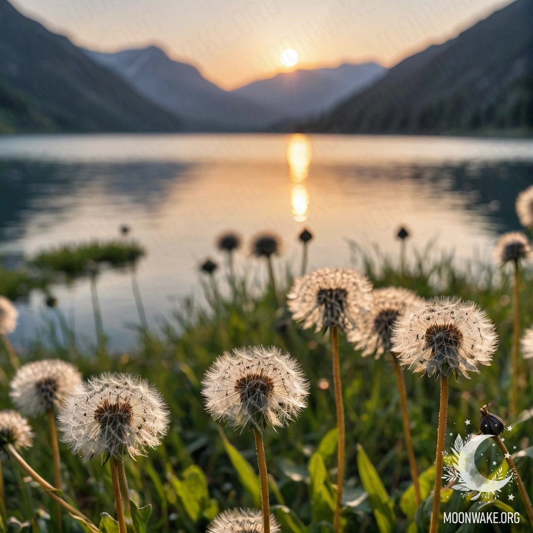 A close-up view of dandelions in a cozy field, with a blurred mountain lake in the background during sunset.