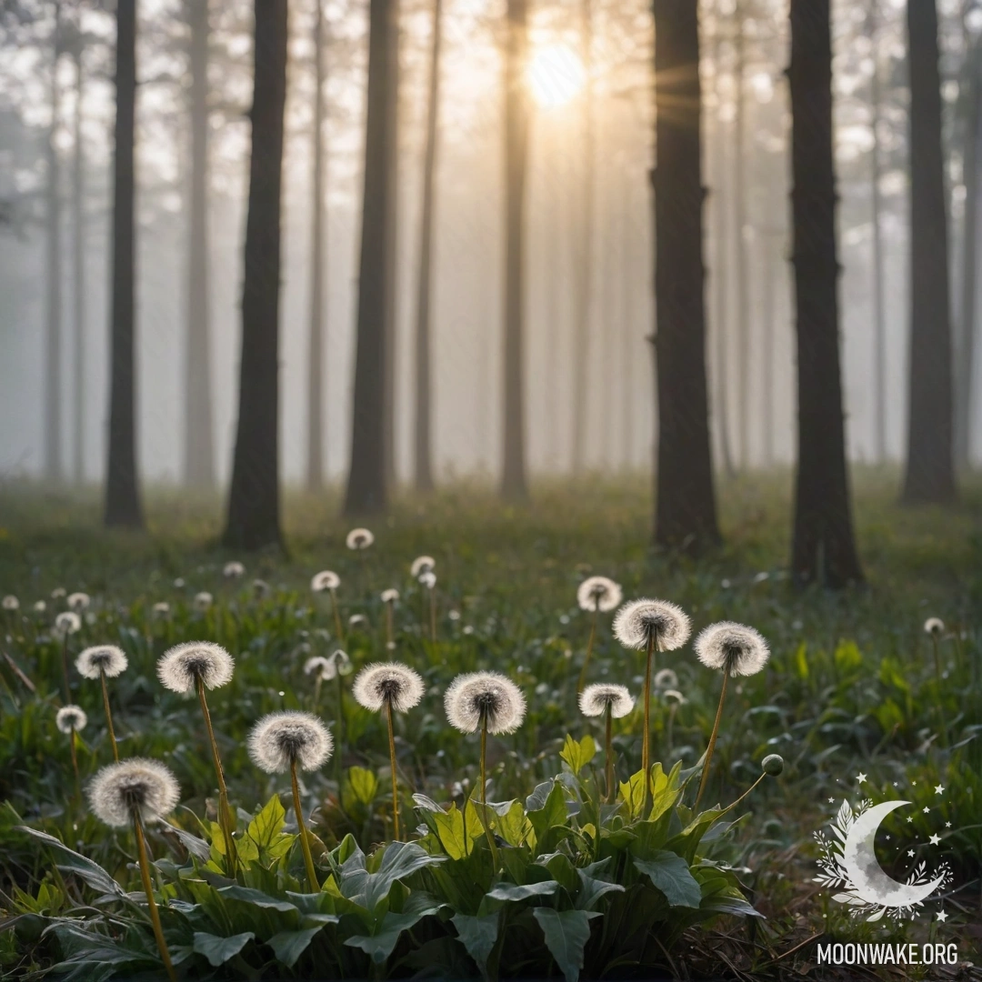 Close-up of dandelions in a cozy field with a blurred forest background and sun rays.