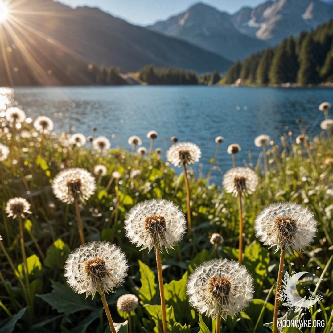 Close-up of dandelions in a cozy field with a blurred mountain lake in the background and sun rays shining through