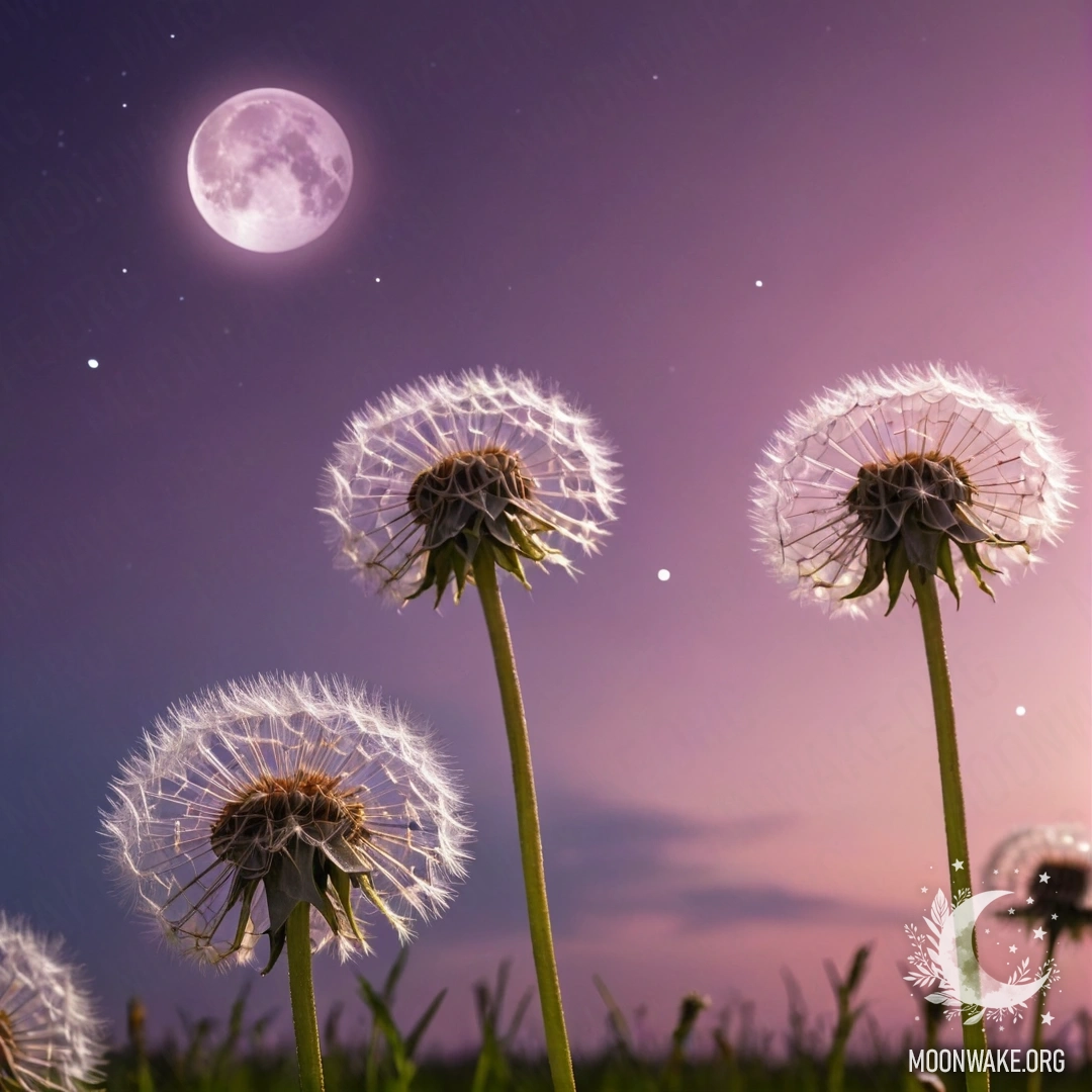 Cozy Field of Dandelions Under a Pink Sky Close-up of dandelions in a field against a pink violet sky with the moon and sun.