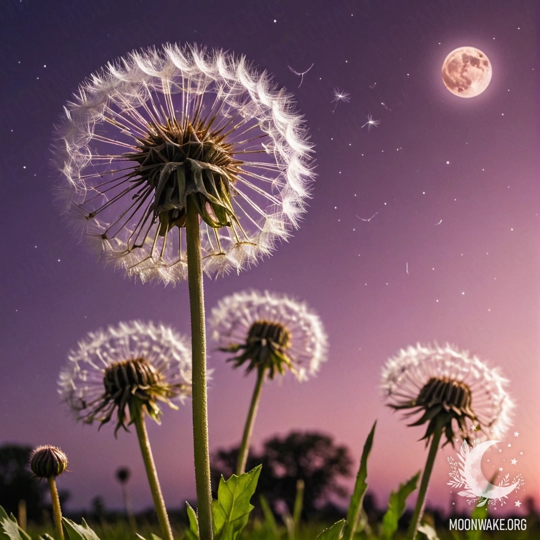 A close-up of dandelions in a cozy field, with a pink violet sky and the moon in the background.