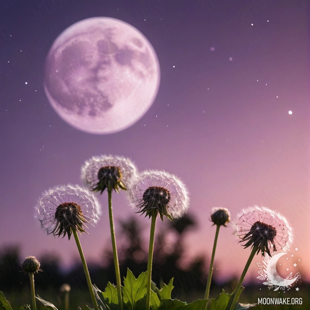 A close-up view of dandelions in a field against a pink violet sky with the moon.