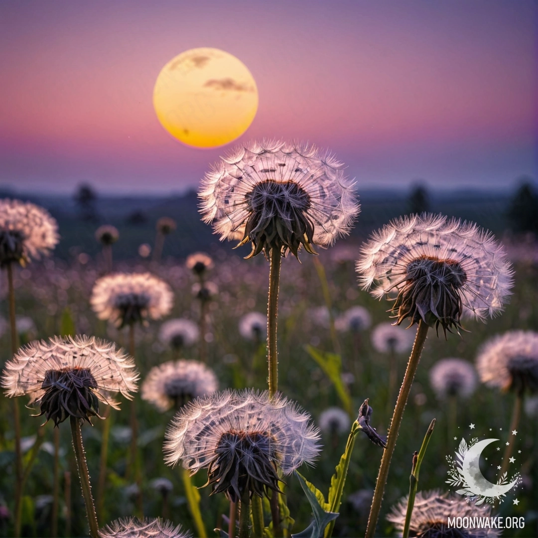 Close-up of dandelions in a cozy field with a pink violet sky and the moon at sunset.