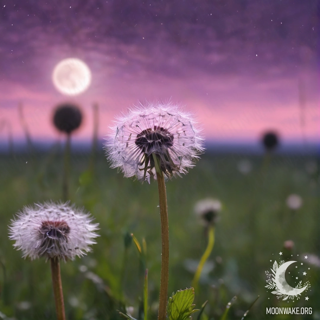 Close-up of dandelions in a field, with a pink violet sky and moon in the background.