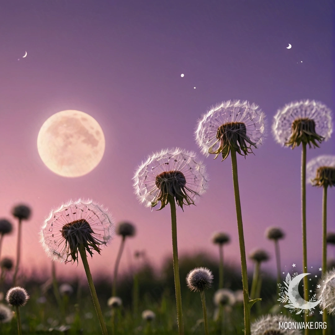 A close-up view of dandelions in a cozy field against a pink violet sky with the moon.