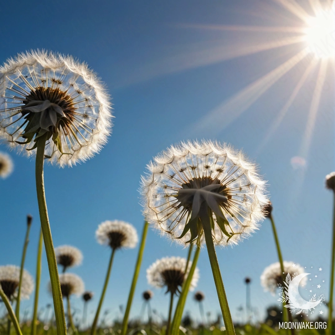 Close up of dandelions in a field against a blurred sky with sunlight