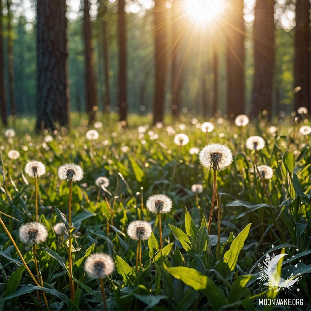 A close-up view of dandelions in a cozy field with blurred forest and sun rays.