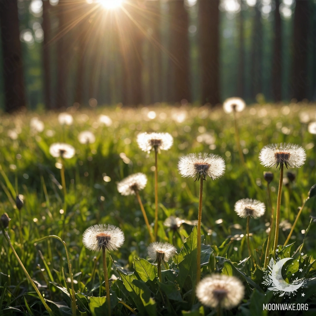 Close-up of dandelions in a cozy field with a bokeh forest behind and sun rays filtering through the rain.
