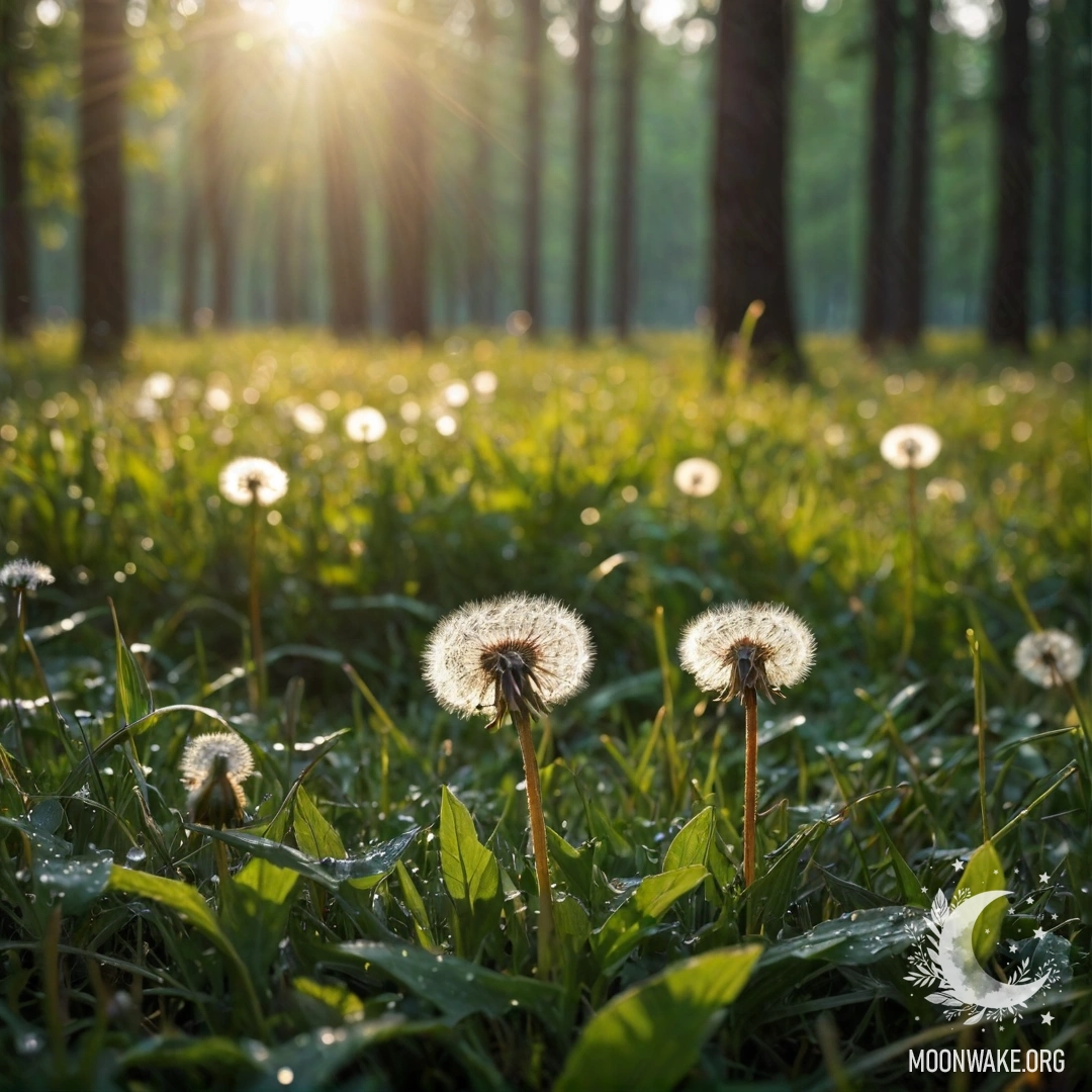 Close-up of dandelions in a cozy field with a bokeh background of trees and sunlight filtering through leaves.