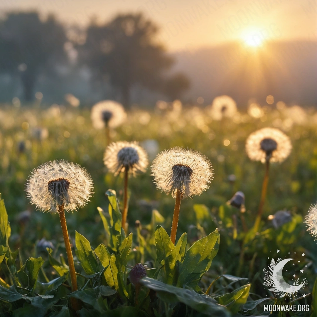 A close-up of dandelions in a cozy field, with a blurred background of fog and sunset rays.