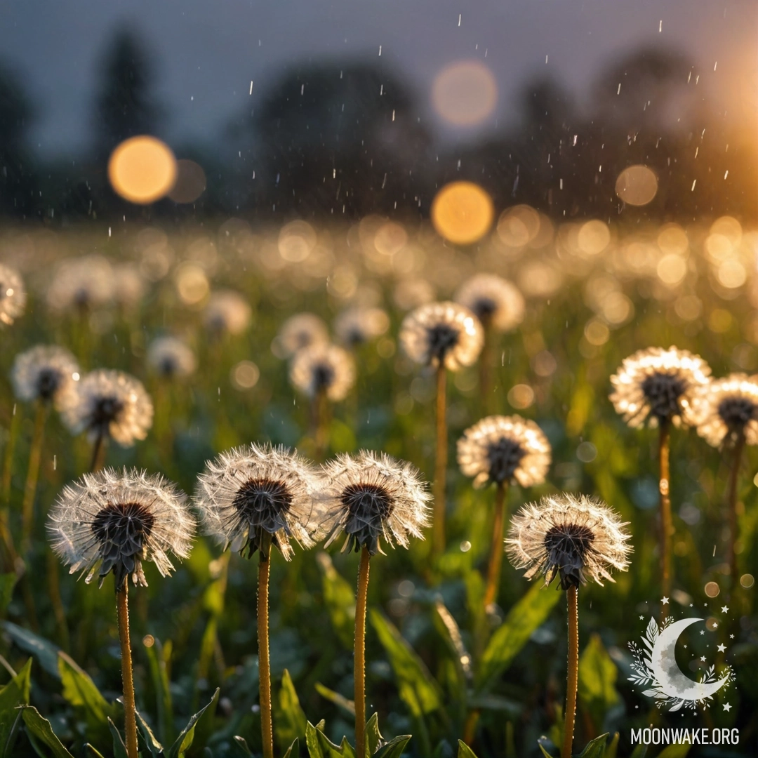A close-up of dandelions in a cozy field, with a blurred sunset and raindrops in the background.