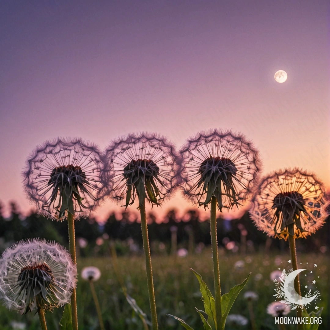Close-up of dandelions in a field against a pink violet sky with the moon.