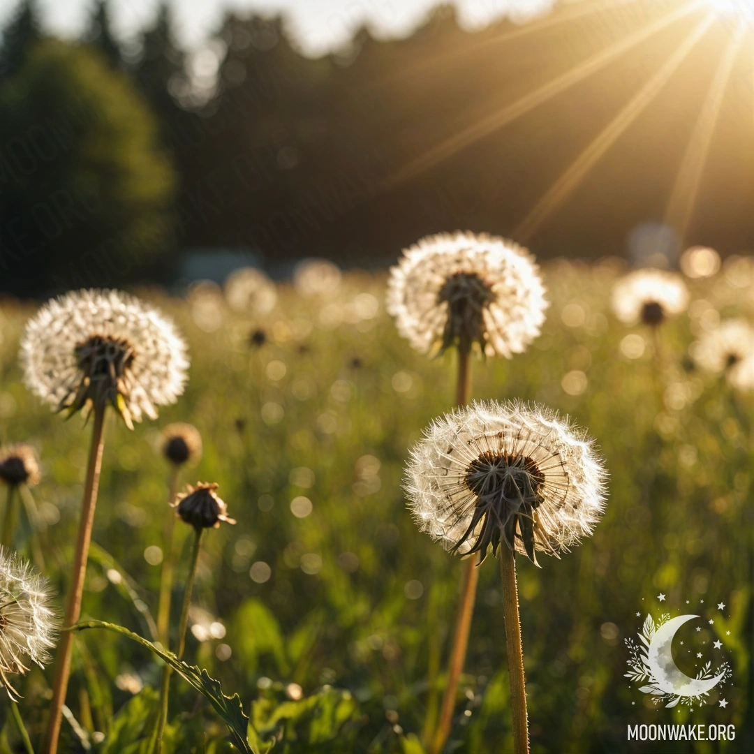 Cozy Dandelion Field Close-up of dandelions in a cozy field illuminated by sun rays with a bokeh sky in the background.