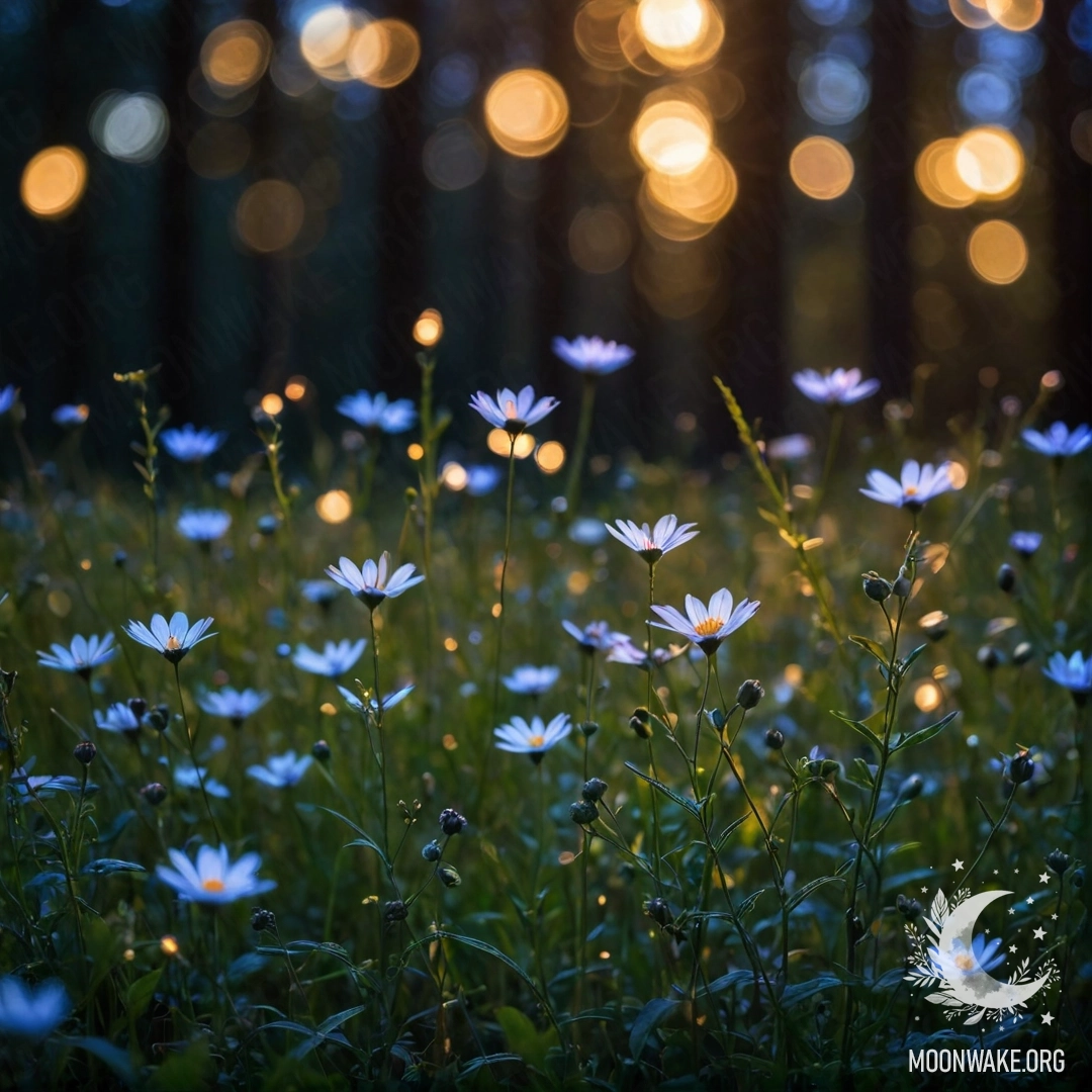 Close-up of delicate field flowers illuminated by soft night light with a blurred forest background.