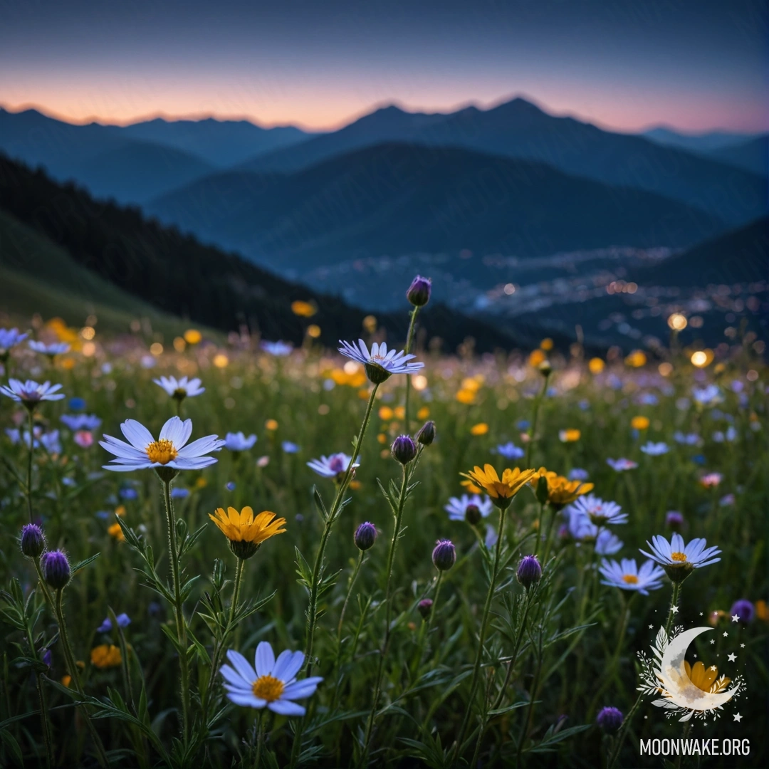 Close-up of field flowers with bokeh mountains in the background at night.