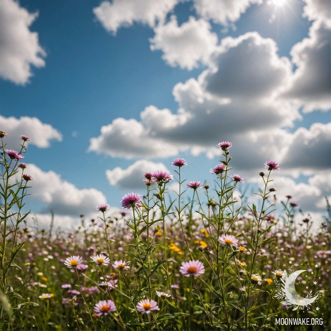 Cozy Field Flowers in Bokeh Close-up of colorful field flowers against a soft bokeh sky with clouds.