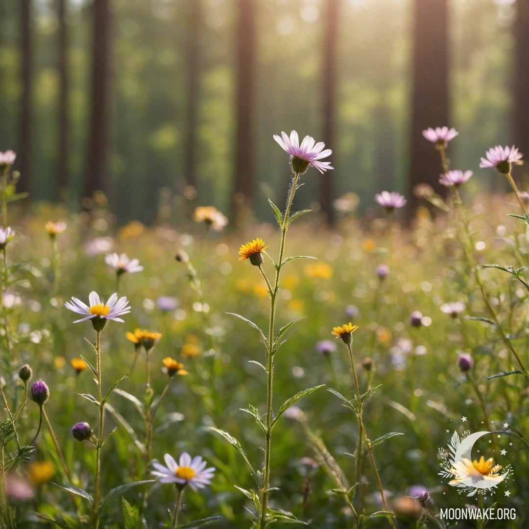 Cozy Field Flowers in Bokeh Forest Close-up of colorful field flowers with a blurred forest background on a sunny day.