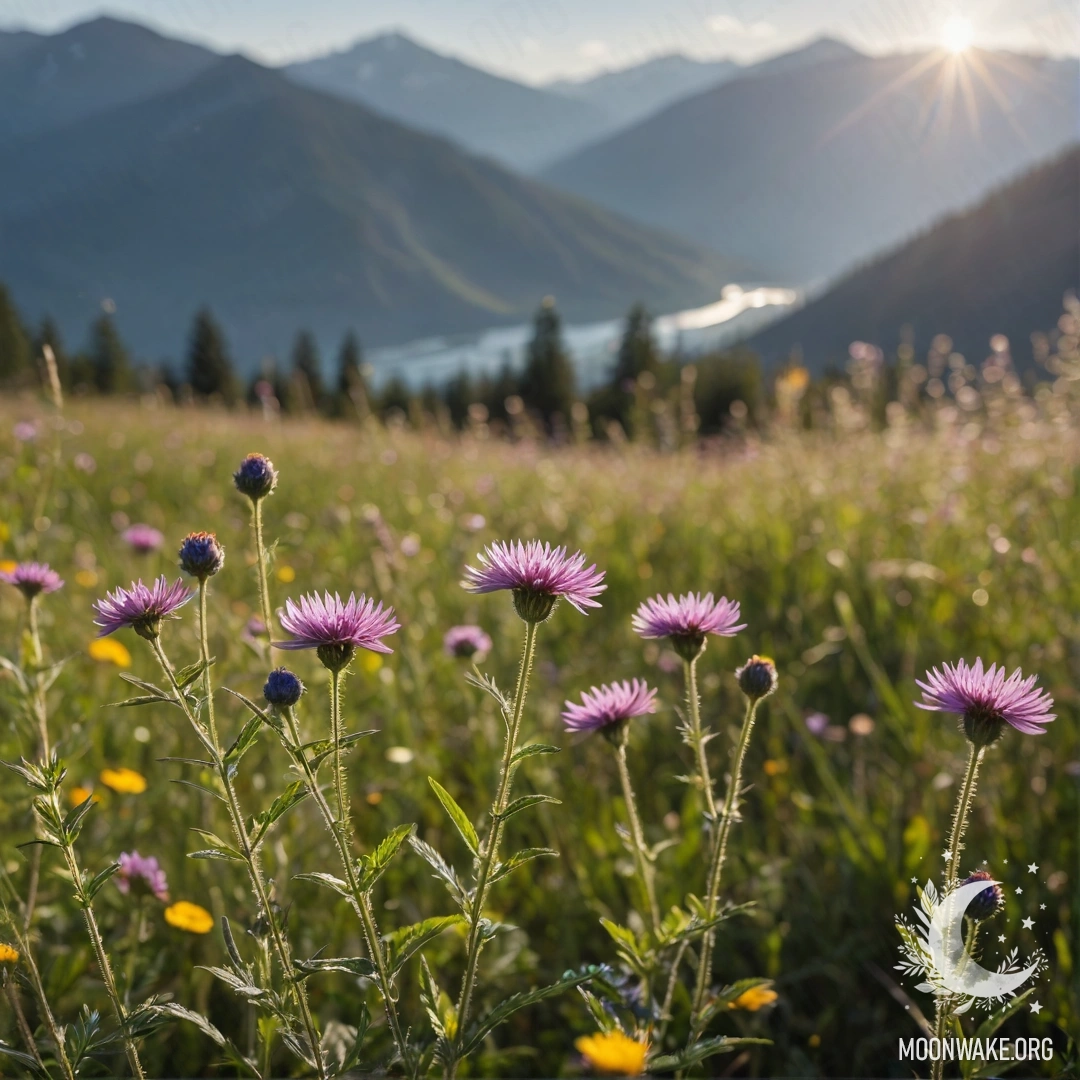 Cozy Field Flowers Against Bokeh Mountains A close-up of vibrant flowers in a cozy field, with mountains blurred in the background.