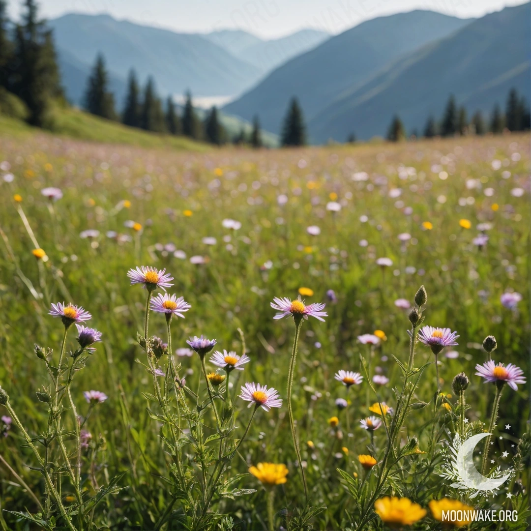 Cozy Field Flowers in Bokeh Mountains Close up of colorful field flowers against a blurred mountain background.