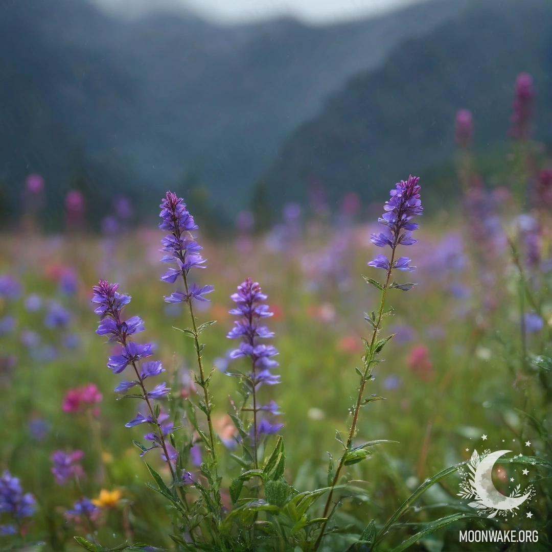 Close-up of cozy field flowers with a blurry mountain background under rain.