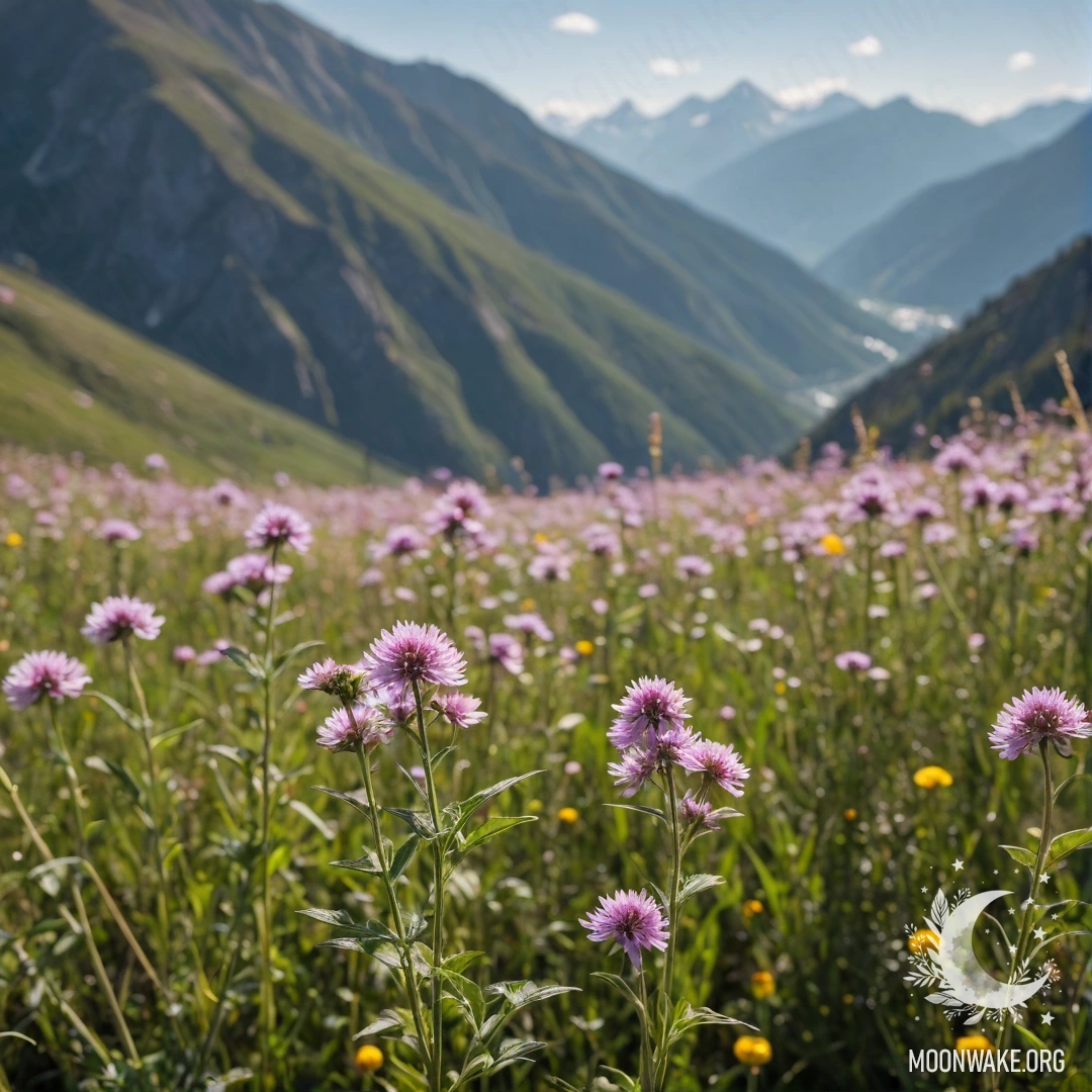 Close-up of cozy field flowers in front of blurred mountains on a sunny day.