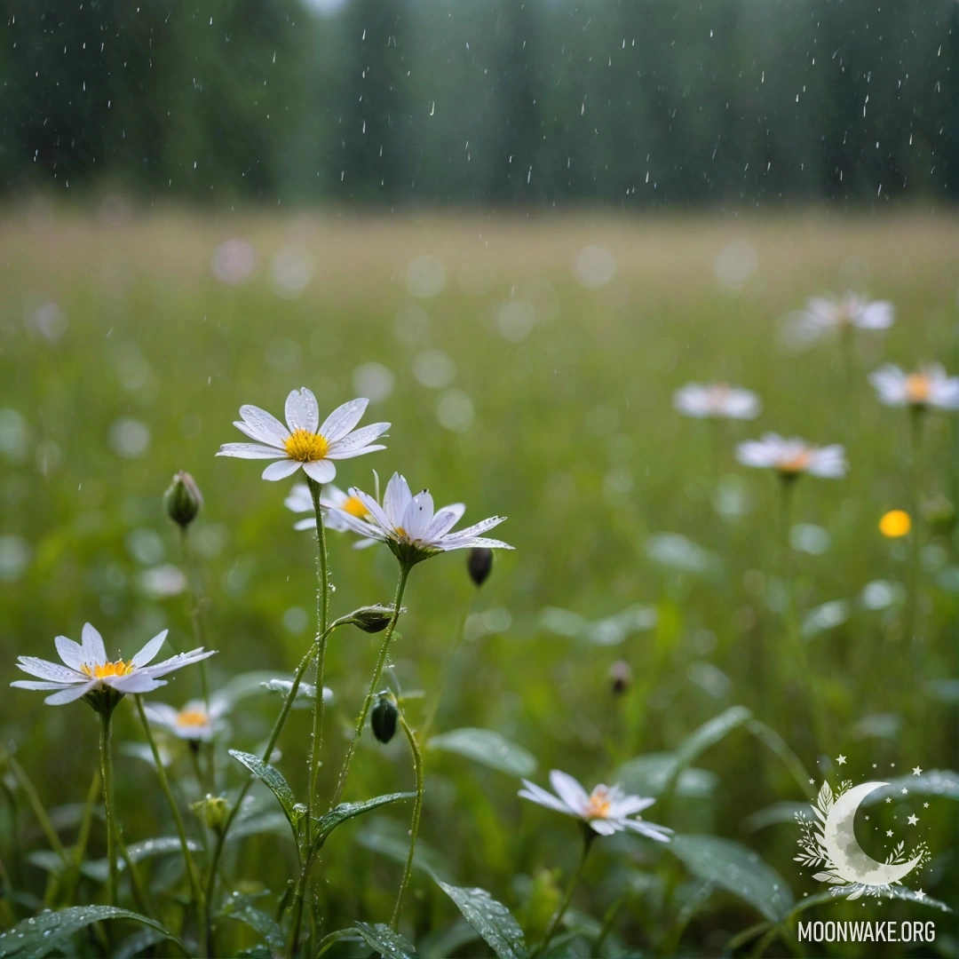 Close-up of cozy field flowers in a bokeh forest during rain.
