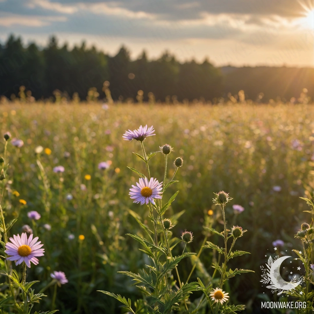 Close-up of field flowers against a soft bokeh sky with clouds and sun rays.