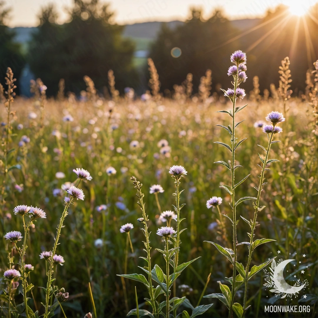 Cozy Field Flowers Against Bokeh Sky Close-up of colorful field flowers with a blurred sky and lens flares.