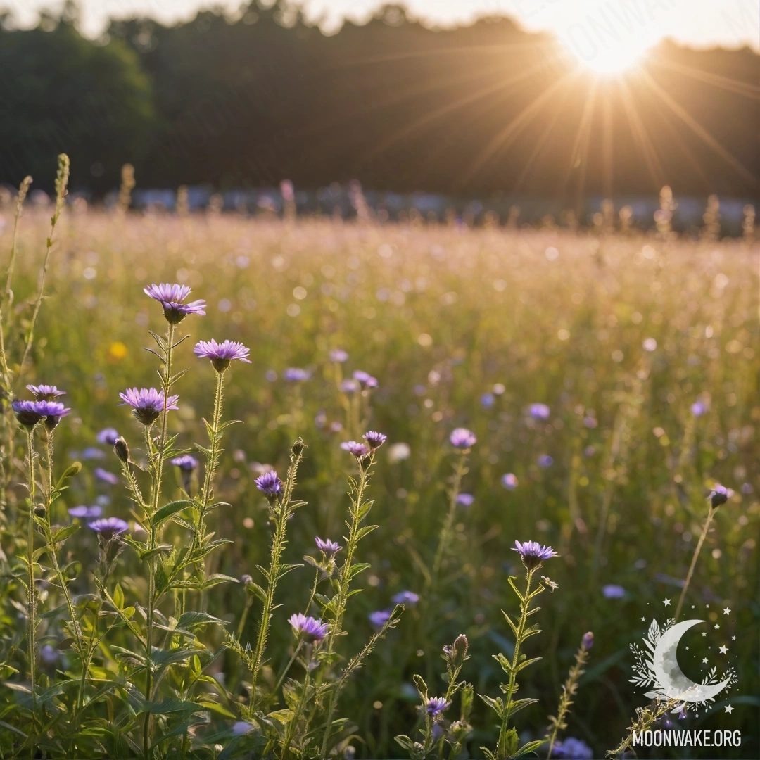 A close-up view of delicate field flowers against a blurred bokeh sky illuminated by sun rays.