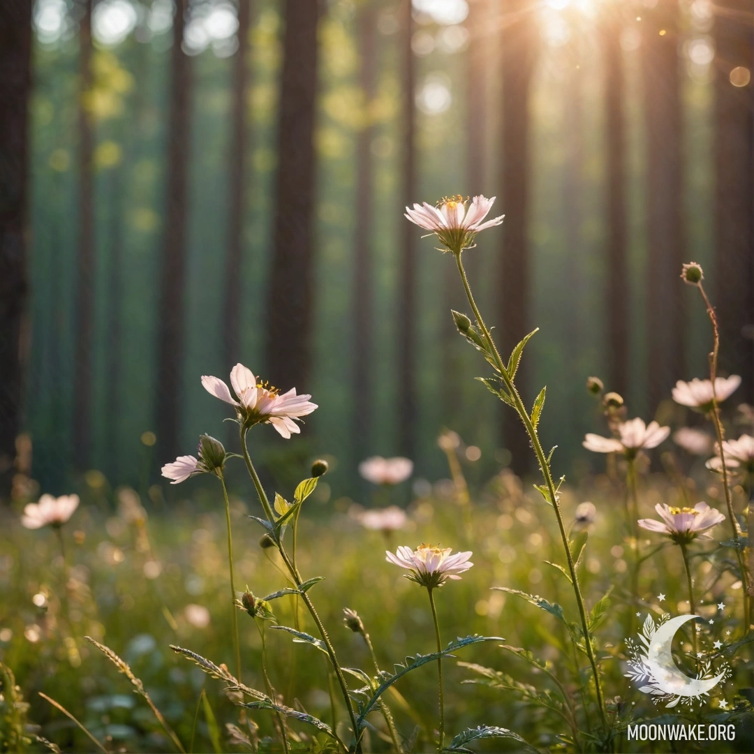 Close-up of colorful field flowers with a blurry forest background