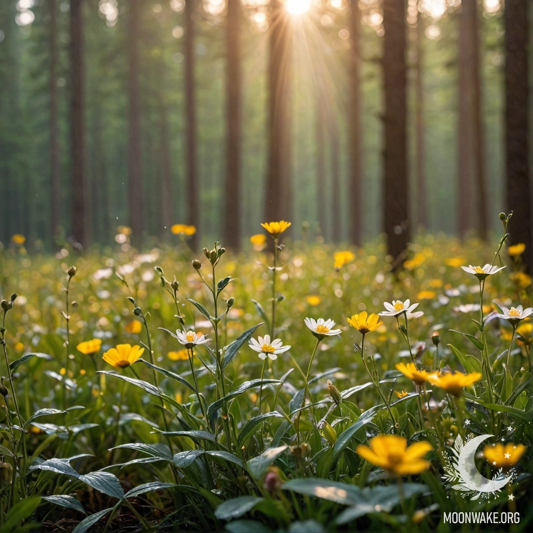Close-Up of Cozy Field Flowers with Bokeh Close-up view of vibrant flowers in a field with a blurred forest background and sun rays breaking through the rain.