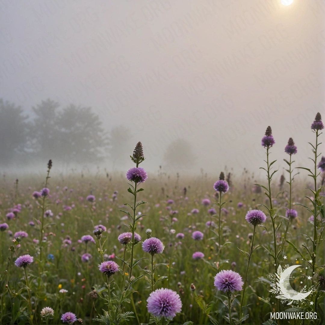 Cozy Field Flowers in Misty Bokeh Close-up of delicate field flowers against a blurred sky in heavy fog.