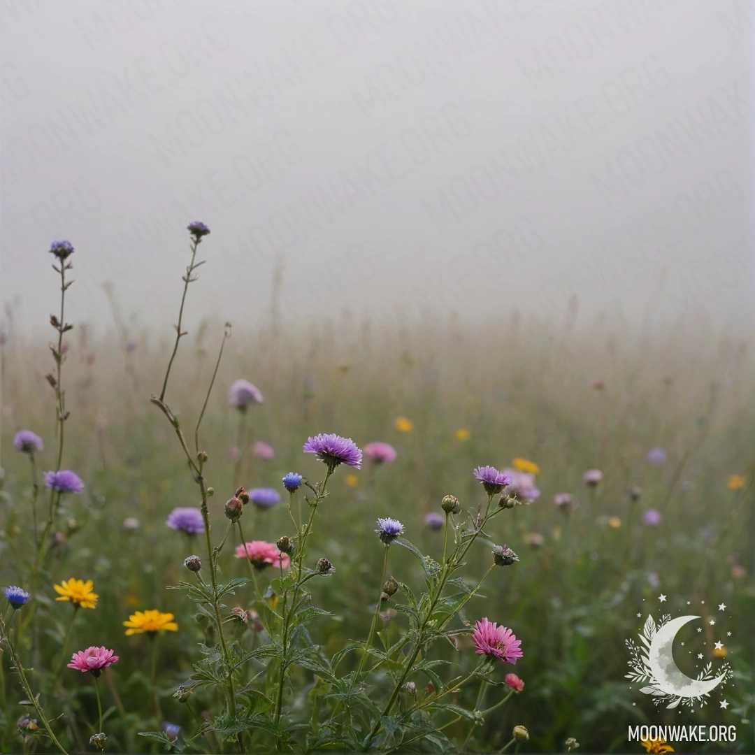 Cozy Field Flowers in Misty Atmosphere A close-up of delicate flowers in a field, shrouded in mist, against a blurred sky.