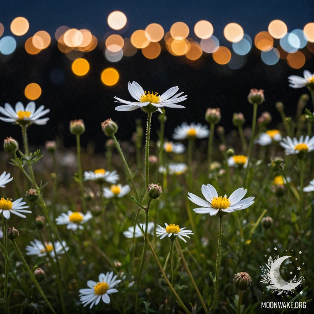Close-Up of Cozy Field Flowers at Night Close-up of colorful field flowers in soft focus against a bokeh background at night.