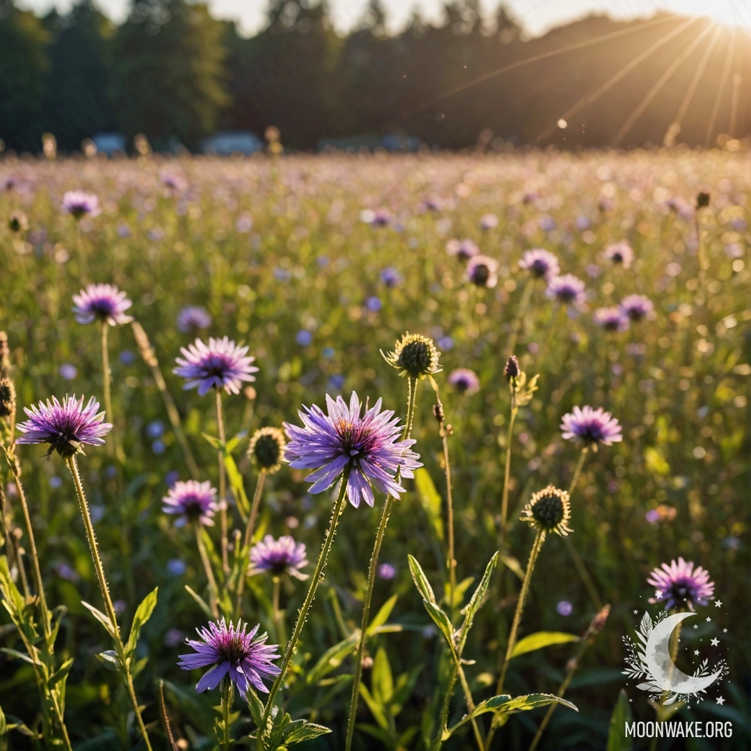 Close-up of cozy field flowers against a blurred background of bokeh field flowers with lens flares.