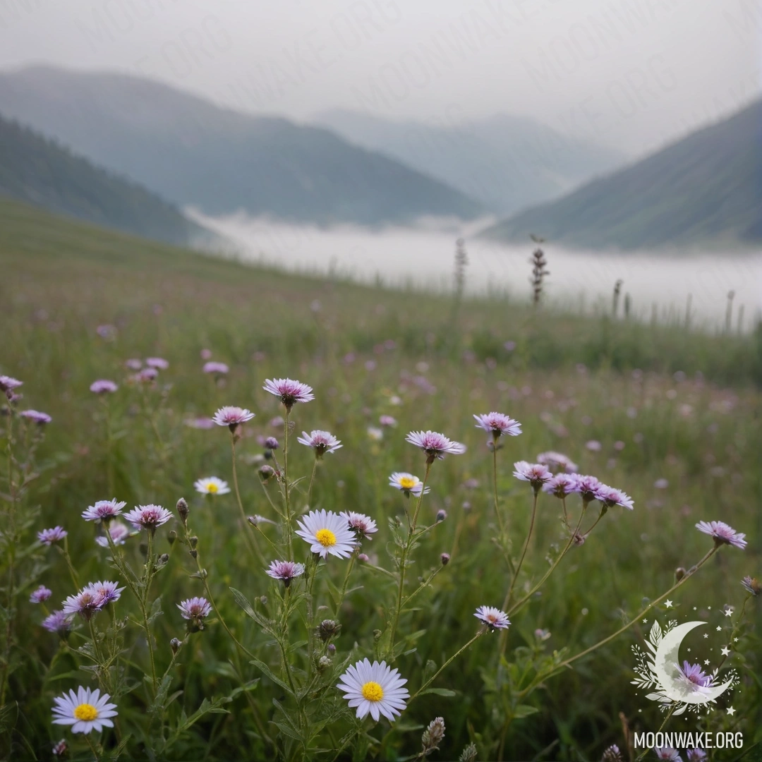 Cozy Field Flowers in the Misty Mountains Close-up of field flowers in a foggy landscape with mountains behind.