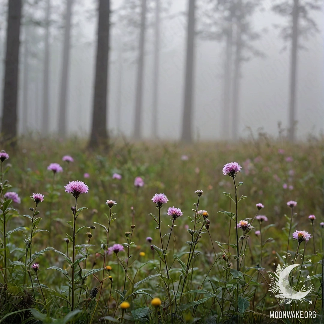 Cozy Field Flowers in Mist Close-up of cozy field flowers surrounded by dense misty forest.
