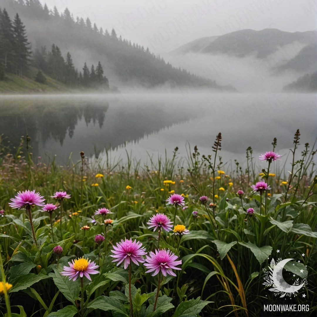 Cozy Field Flowers with Misty Lake Background Close-up of delicate field flowers in front of a bokeh Mountain Lake shrouded in heavy mist.